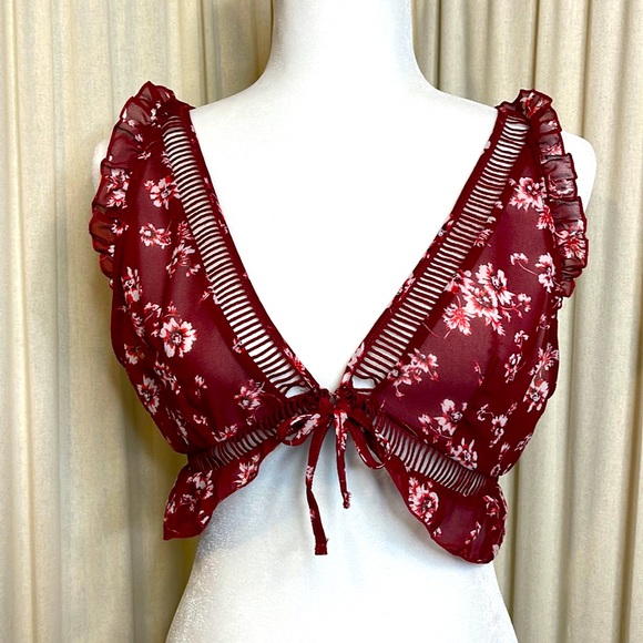 hauty Other - NWT- DANTIY SHEER MAROON FLORAL RUFFLE TIE AROUND LINGERIE BRALETTE SIZE LARGE
